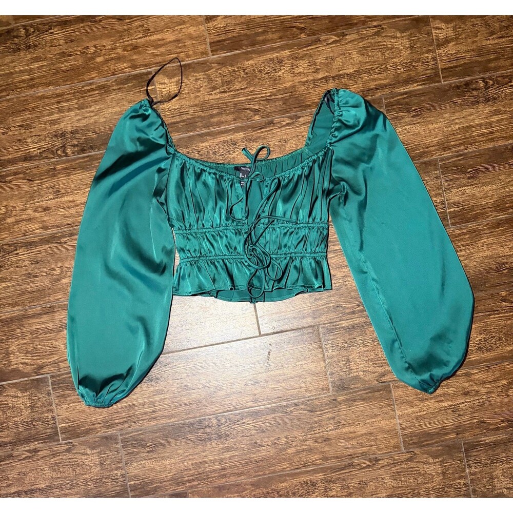 Forever 21 Emerald Green Satin Puff Sleeve Tie-Front Crop Top - L